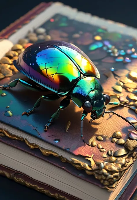 masterpiece, Highest quality, 8k, Professional , By famous artists , Trending on Art Station, 複雑なdetailed, detailed, Realistic, Book , Realistic, Dark Shadows, Natural light, dramatic, Source Realistic, colorful, Iridescent scales on the beetle&#39;s exosk...