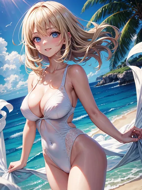 Anime style, super fine illustration, highly detailed, beautiful detailed, pale tone image, simple Sensual posing Portrait, static representation, gentle expression, 8k, Dynamic angle from behind, pretty 1girl with blonde straight short hair & blue eyes & ...