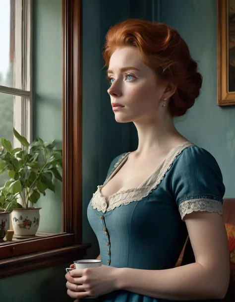 (masterpiece.Uhd.photorealistic) an exhausted middle-class redhead female worker [Elizabeth II:Maude Adams:0.45] in her small living room rent flat, inspired by the Don Lawrence style. She’s looking out of the window, lost in her thoughts, while holding a ...