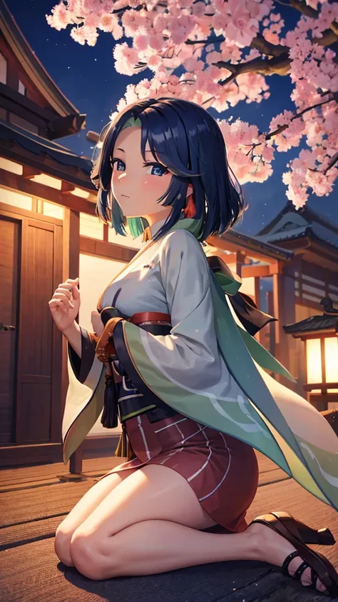 With a beautiful kimono. At night under a Sakura tree 