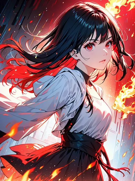 1girl, black hair, red eyes, fire witch, blood, light particles, light rays, wallpaper, high contrast, colorful, cyberpunk 