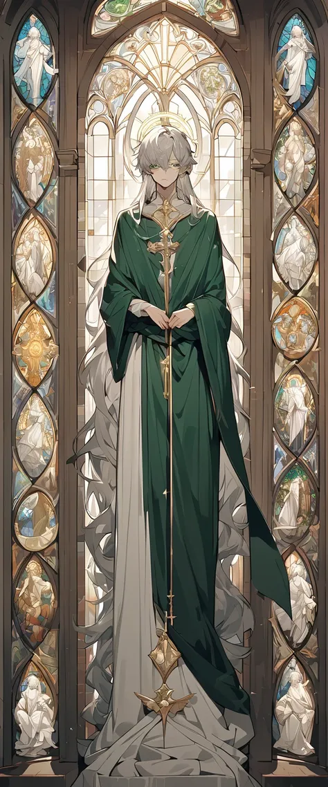 curtained hair, silver hair, shiny hair, absurdly long hair, Helios halo, Pale green eyes, dropping eyes, A look of pity

, Holy

, Church stained glass windows

, Symmetrical structure

, whole body, individual, Wrapped in a long dark green robe, Simple, ...