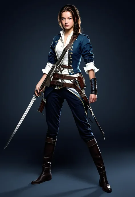 Young woman, slender, strong, beautiful and intelligent. She wears a light combat outfit, she has a long knife tied to her belt. She has a determined look and she holds a fine-blade sword in one hand and a flintlock gun in the other. She points the flintlo...