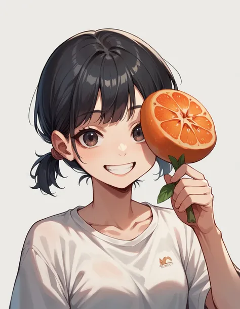 masterpiece, best quality, extremely detailed, , black hair, short pigtails, smiling, holding out a papaya fruit