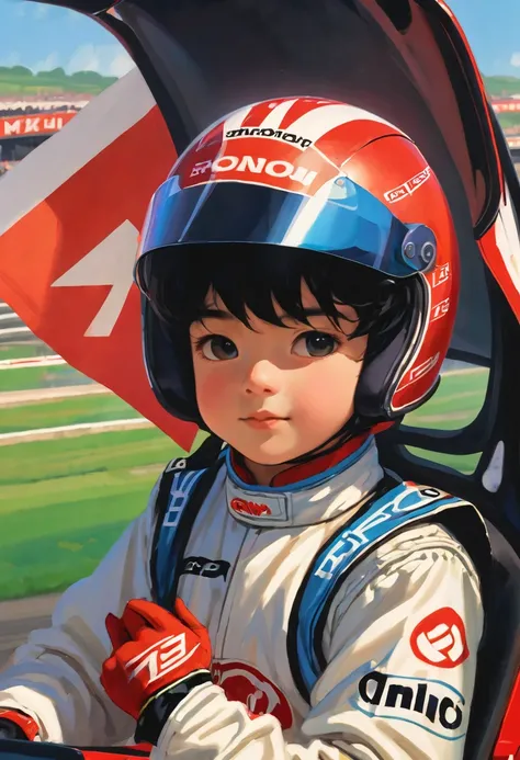 Boy with black hair in racing driver outfit