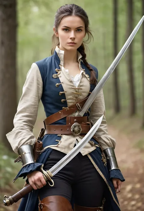 Young woman, slender, strong, beautiful and intelligent. She wears a light combat outfit, she has a long knife tied to her belt. She has a determined look and she holds a fine-blade sword in one hand and a flintlock gun in the other. She points the flintlo...