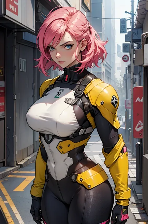 Fake body and  , Mature woman  in metal rising revengeance body details, foto de busto, big pink hair, shining blue eyes, wearing a mustard yellow jumpsuit, breasts big, 35 years old, eye on the spectator, Look to the camera, , the background is a cyberpun...