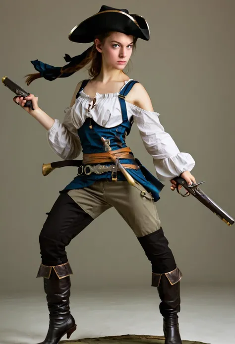 Young woman, slender, strong, beautiful and intelligent. She wears a light combat outfit, she has a long knife tied to her belt. She has a determined look and she holds a fine-blade sword in one hand and a flintlock gun in the other. She points the flintlo...