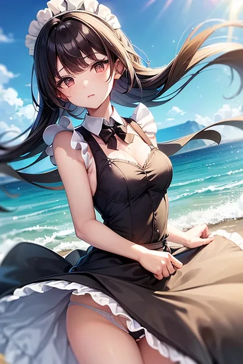 (maid suit, fluttering dress, The wind is blowing, dress flipped up, I can see your underwear, dress that flipped in the wind, dress billowing, I can see your underwear, wind lift:1.2), port, (clear water, gemstone sea:1.2), Ship in the distance, The trail...