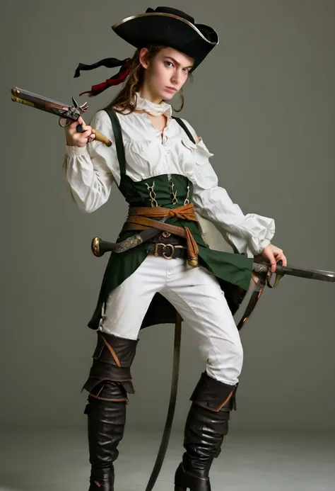 Young woman, slender, strong, beautiful and intelligent. She wears a light combat outfit, she has a long knife tied to her belt. She has a determined look and she holds a fine-blade sword in one hand and a flintlock pistol in the other. She points the flin...