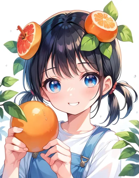 masterpiece, best quality, extremely detailed, , black hair, short pigtails, smiling, holding out a papaya fruit