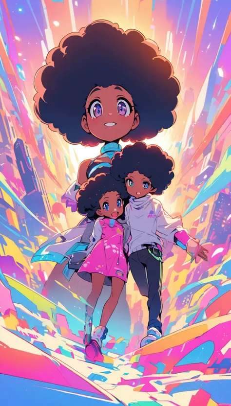 pretty afro young couple in a futuristic cartoon world