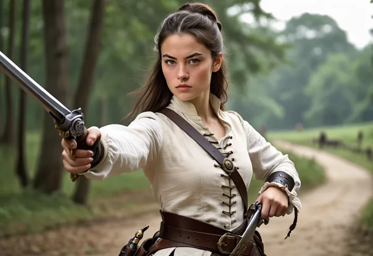 Young woman, slender, strong, beautiful and intelligent. She wears a light combat outfit, she has a long knife tied to her belt. She has a determined look and she holds a fine-blade sword in one hand and a flintlock pistol in the other. She points the flin...