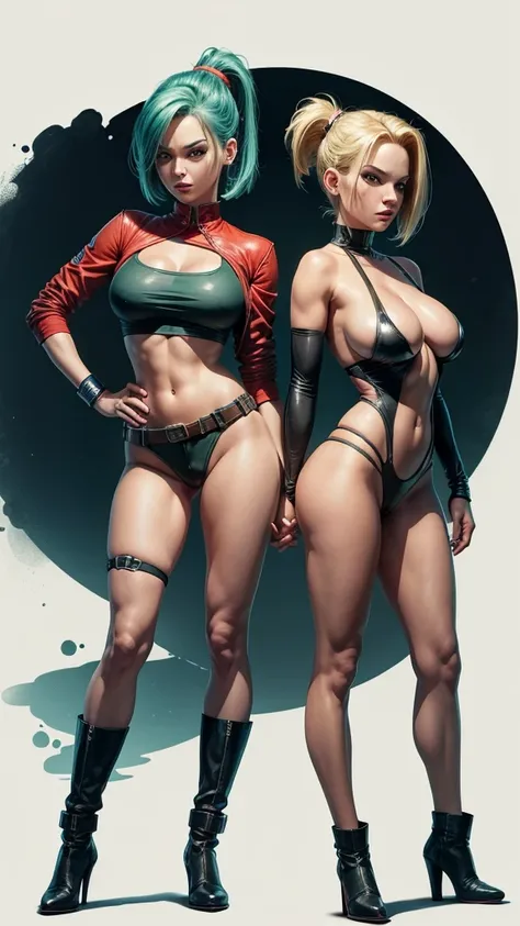 bulma and android 18, medium body, medium tits, full body image, half naked, playa
