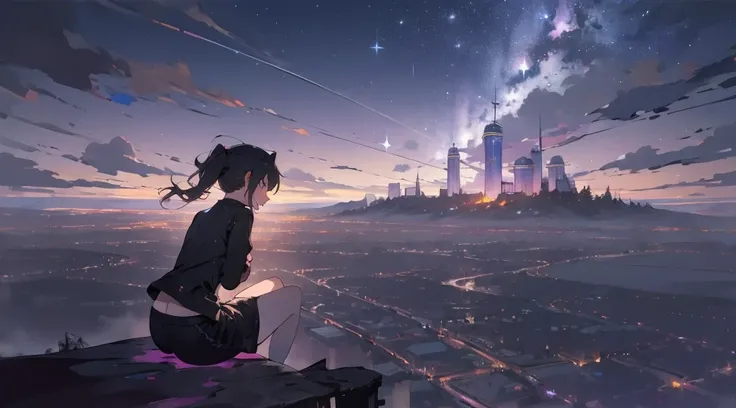 masterpiece,night,(dark alley),star、night sky、overlooking the city、milky way、back view、octone、
(1 girl), (solo), knee hugging si...