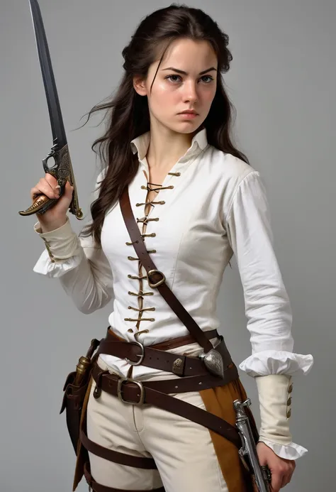 Young woman, slender, strong, beautiful and intelligent. She wears a light combat outfit, she has a long knife tied to her belt. She has a determined look and she holds a fine-blade sword in one hand and a flintlock pistol in the other. She points the flin...