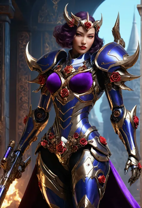 Surreal happy mech, Dark Assassin full body extremely beautiful, girl with goddess face, godness smile, red lips like velvet, two eyes shining like charming stars, intricate design, sharp edges, weapon is a large purple rose gold flame on both sides of the...