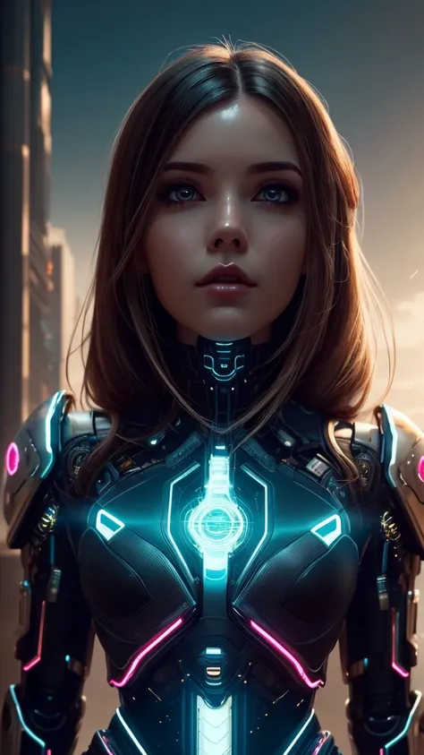 a woman with long hair and a futuristic outfit, portrait beautiful sci - fi girl, dreamy cyberpunk girl, beutiful girl cyborg, 4k highly detailed digital art, beautiful digital artwork, wlop. scifi, beautiful cyberpunk girl face, cyborg girl, cyborg - girl...