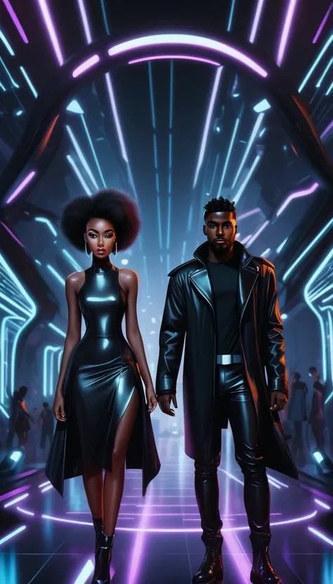 young pretty dark man and woman in a futuristic cartoon world