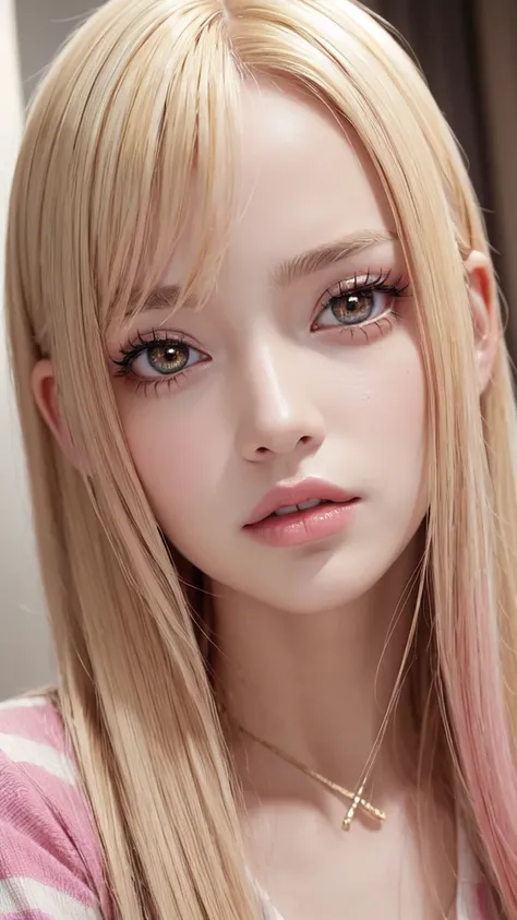 masterpiece, Highest quality, １Beautiful young women, Glowing pink eyes, (Detailed pupils:1.2), eyelash, beautiful bright blonde, Striped Hair, multicolor, Medium Hair, Perfect Face, 