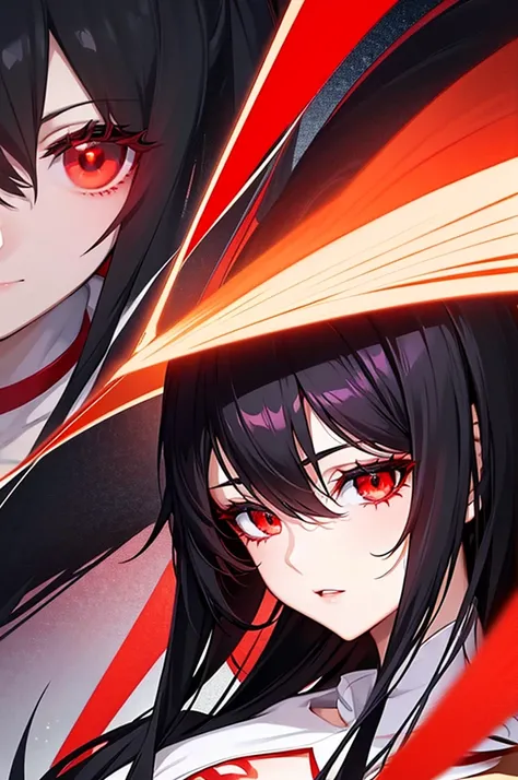 anime drawing of a woman with Red eyes and a black hair, an anime drawing inspiRed by Jin Homura, tumbler, mingei, with Red glowing eyes, with glowing Red eyes, fully Red eyes no pupils, ((Red)) Loose eyes, No face, fully Red eyes, with Red eyes, large Red...