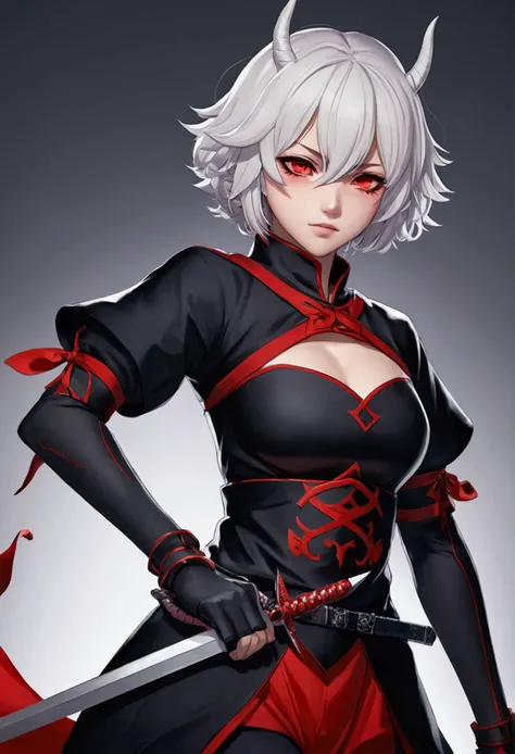 female anime character with short white hair with a sword in her left hand, there was a white demon figure with horns and red eyes, fangs on his right side, This anime wears black and red clothes, Demon Slayer Rui fanart, Demon Slayer art style, Anime bada...