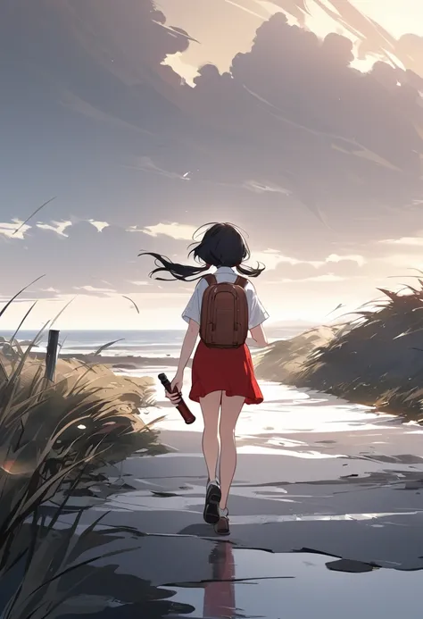 Black Hair、Low Twintails、Expressionless、White short sleeve shirt、Red vest、Red Skirt、Brown backpack on the back、shoes、Holding a recorder in hand、Walking towards the strong wind