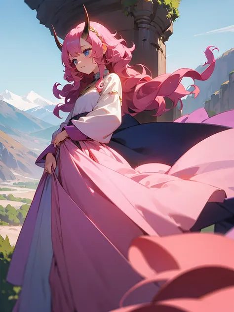 Young woman, pink, curly hair, small horns, Blue eyes, long dress with sleeves, in the mountains, pit weather, modest pose