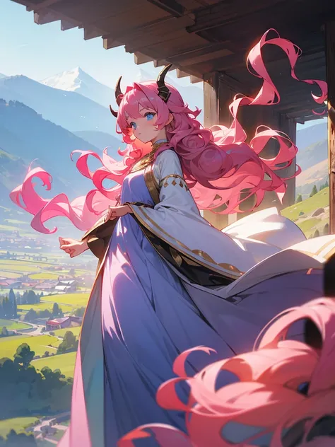 Young woman, pink, curly hair, small horns, Blue eyes, long dress with sleeves, in the mountains, pit weather, modest pose