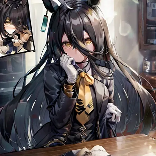 ((Table Top, Best Quality)),(One Girl:1.2),Manhattan Cafe,Manhattan Cafe (Racing Wear),Horse Girl,Horse Ears,Hair Between Eyes,(Alone:1.2),Pantyhose,Long Hair,Black Hair,Black Gloves,Yellow Eyes,Ahoge,Tie,Black Jacket,Skirt,Black Footwear