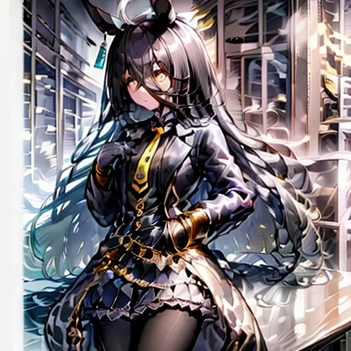 ((Table Top, Best Quality)),(One Girl:1.2),Manhattan Cafe,Manhattan Cafe (Racing Wear),Horse Girl,Horse Ears,Hair Between Eyes,(Alone:1.2),Pantyhose,Long Hair,Black Hair,Black Gloves,Yellow Eyes,Ahoge,Tie,Black Jacket,Skirt,Black Footwear