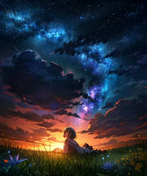 Cute girl character lying on grassy hill, Look up at the starry sky. Surround her with her favorite constellations.Orion is visible,