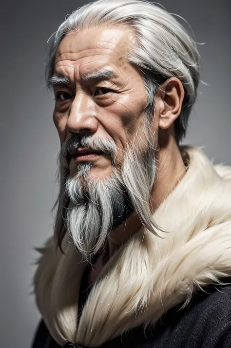 "An elderly Chinese man with a long white beard, wearing a long cloak, with a lifelike face. Clear facial details showing some wrinkles, with a calm expression."