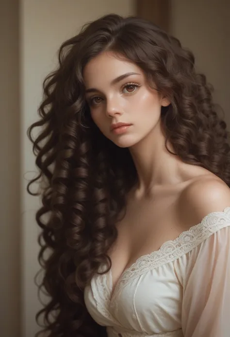 Imagine a woman with curly hair and dark brown hair, long hair, brown eyes and very beautiful.