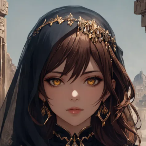 masterpiece, best quality, good quality, Fantasy Aesthetic, Highly detailed, shadowverse style, female, brown hair, yellow eyes, veil