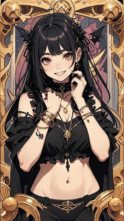 Realistic、A delicate and detailed masterpiece、Highest quality、Highest quality、(Tarot card style:1.3)、Purple Rose Background、One Woman、Upper body photo、(Gold Jewelry, Lots of rings, Large necklaces and bracelets:1.3)、(Gothic punk underwear:1.3)、(Black Hair、...