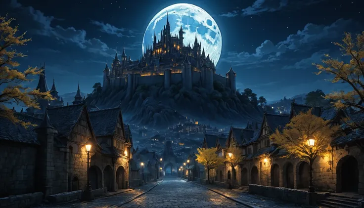 anime aestetics, anime scenery, gigantic blue moon over the castle, capital of ashes, stone roads, tall white stone buildings, b...