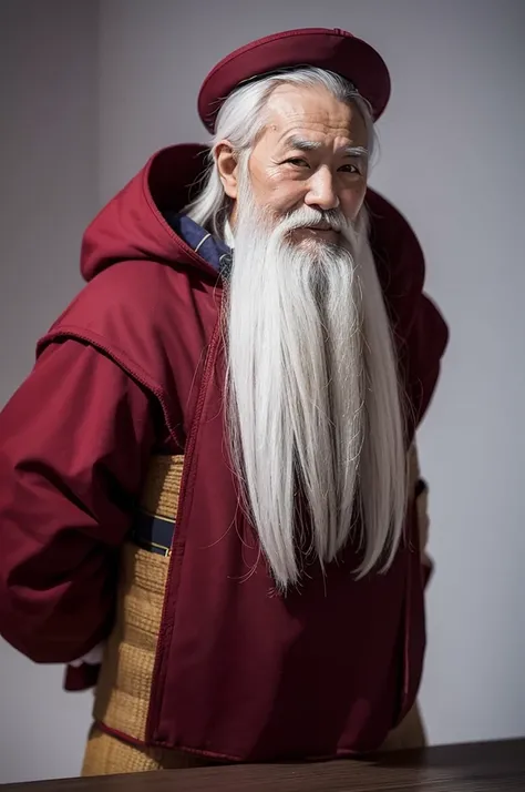 "Full-body image of an elderly Chinese man with a long white beard, wearing a long cloak. His face is lifelike with a gentle smile and bright eyes."