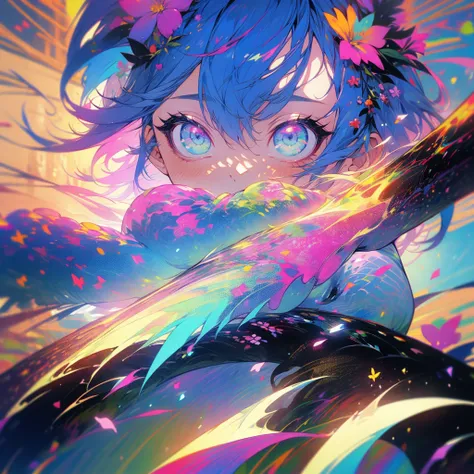 (1 Girl:1.3)、(Colorful Hair:1.2)、カラフルなflower柄の着物を着ている、(masterpiece, Highest quality,Beautiful fine details, Super detailed, :1.2), 8k wallpaper, Elaborate features, ,flower、Landscape painting、whole、(Beautiful and aesthetic:1.2)、darkness、dark、black、カラフルなflo...