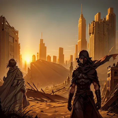 A cloaked elf runner in desert gear, standing atop a crumbling skyscraper, with the wind whipping sand around. The high-tech mask glows faintly as the elf surveys a city buried in dunes, where broken glass and rusted metal structures poke through the sands...