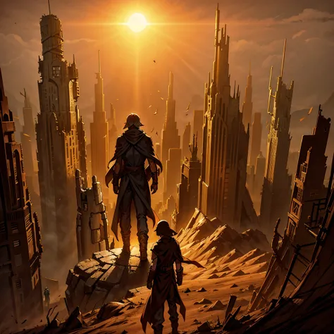 A cloaked elf runner in desert gear, standing atop a crumbling skyscraper, with the wind whipping sand around. The high-tech mask glows faintly as the elf surveys a city buried in dunes, where broken glass and rusted metal structures poke through the sands...