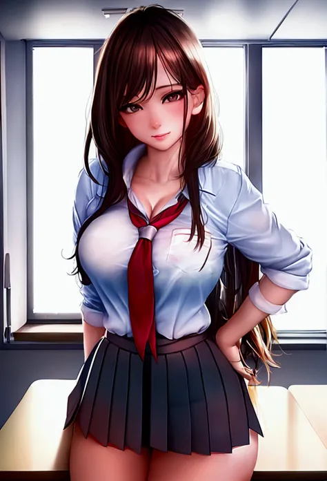 25 year old woman, milf, ((in the classroom)), ((sexy school uniform)), raw photo, (photorealist: 1.37, realist), highly detailed unified 8K CG wallpapers, 1 girl, (((perfect body: 1.1)), (medium breasts: 1.2), looking at the viewer, (((straight from the f...