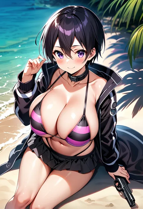 Kirito, Gun Gale Online Bikini, blush, Super huge big breasts breast enlargement Purple eyes sitting alone on the beach full-body shot looking at the camera and smiling full-body shot illustration, ultra-detailed, HDR, vibrant colors, soft lighting
