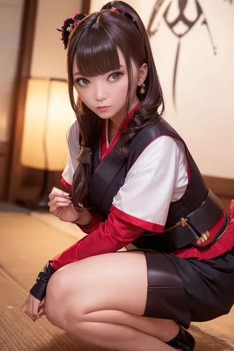 (Samurai clothing、Samurai Costume、Samurai Cosplay、Samurai uniform)、1 girl、Bob Hair、Side Ponytail、Medium breast、Tight face、masterpiece:1.3、Raw photo、Highest quality、Detailed Images、Detailed Background、Shot to the knee、knife、