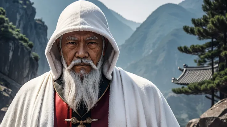 "Full-body image of an elderly Chinese man with a long white beard, wearing a long cloak. His face is lifelike with sharp eyes and a determined look."