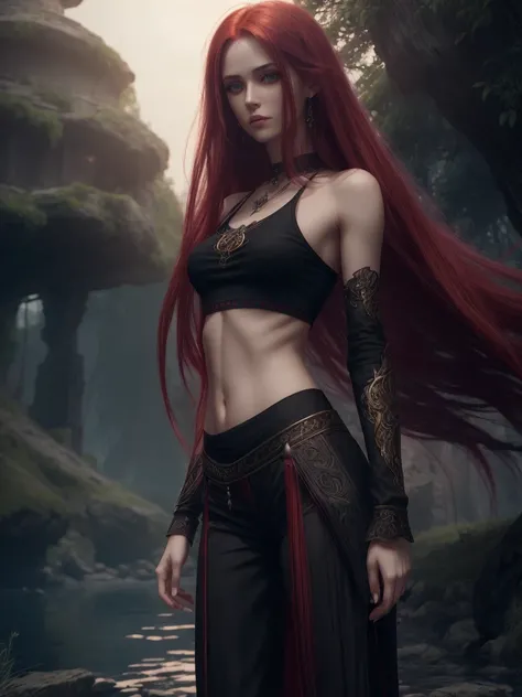 (A beautiful slim girl, long messy red hair), (black crop top, pants), (fantasy style), (highly detailed, 8K, cinematic lighting), (elegant, serene, dreamy), outdoors