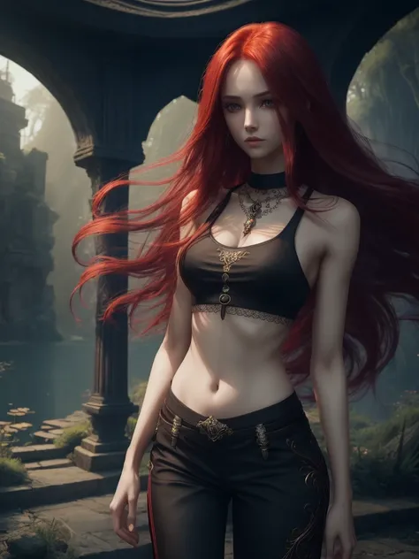 (A beautiful slim girl, long messy red hair), (black crop top, pants), (fantasy style), (highly detailed, 8K, cinematic lighting), (elegant, serene, dreamy), outdoors