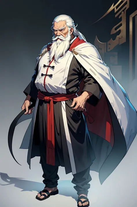 "Full-body image of an elderly Chinese man with a long white beard, wearing a long cloak. His face is lifelike with sharp eyes and a determined look."