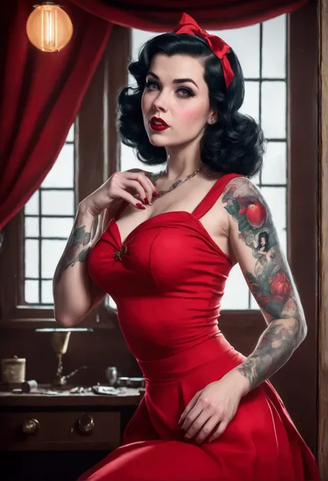 a close up  of a woman in a dress, SEXY snow white,suicide girl. pinup art, portrait of snow white, pinup, pinup girl, girl pinup, pin up, pin up girl, beautiful retro art, pale snow white skin, pin - up, pin-up, pin-up poster girl, pin - up girl, comic pi...