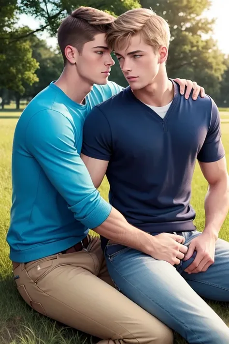 Two men, photo realistic.  A 16-year-old, handsome, lean man with short-cut, blond hair and blue eyes, wearing a brown sweatshirt, and khaki pants, sitting in the lap of a 17-year-old, handsome, athletic, Caucasian man with short, shaved brown hair, and bl...